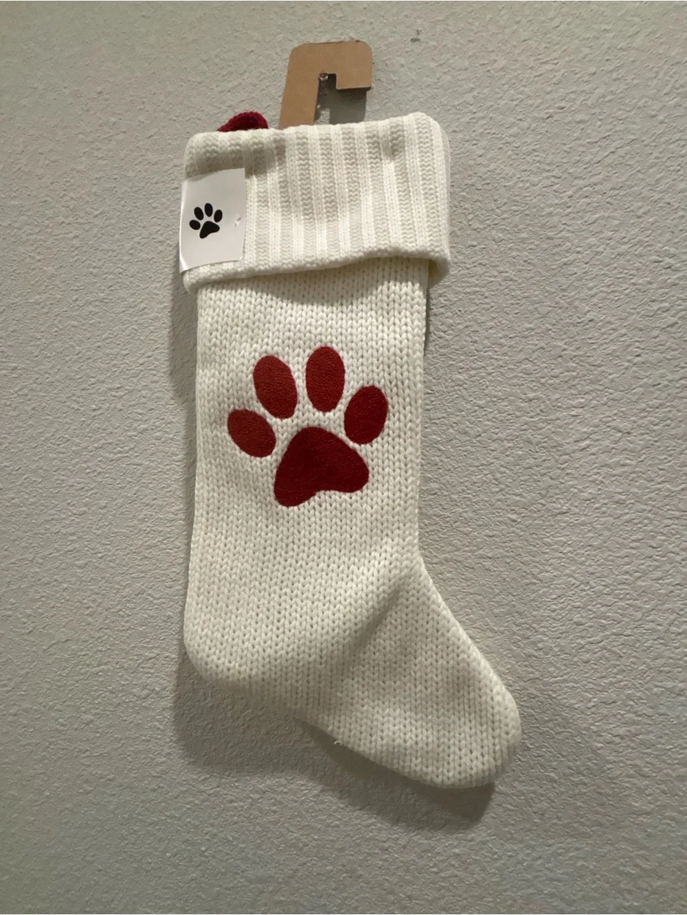 Cream Knit Dog Stocking with Red Paw Accent